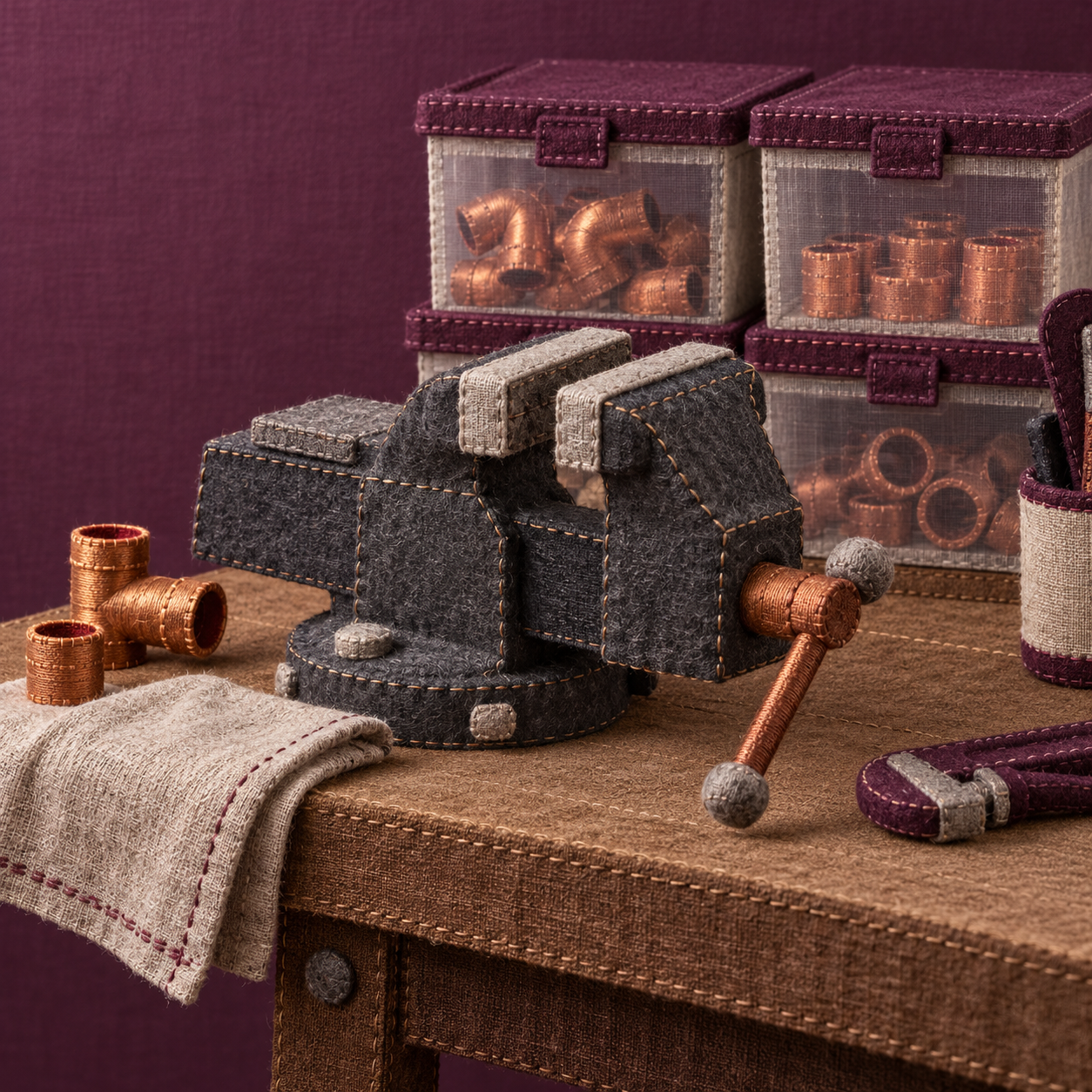 Illustration of plumbing service workshop: a bench vise, sealed parts bins, copper fittings