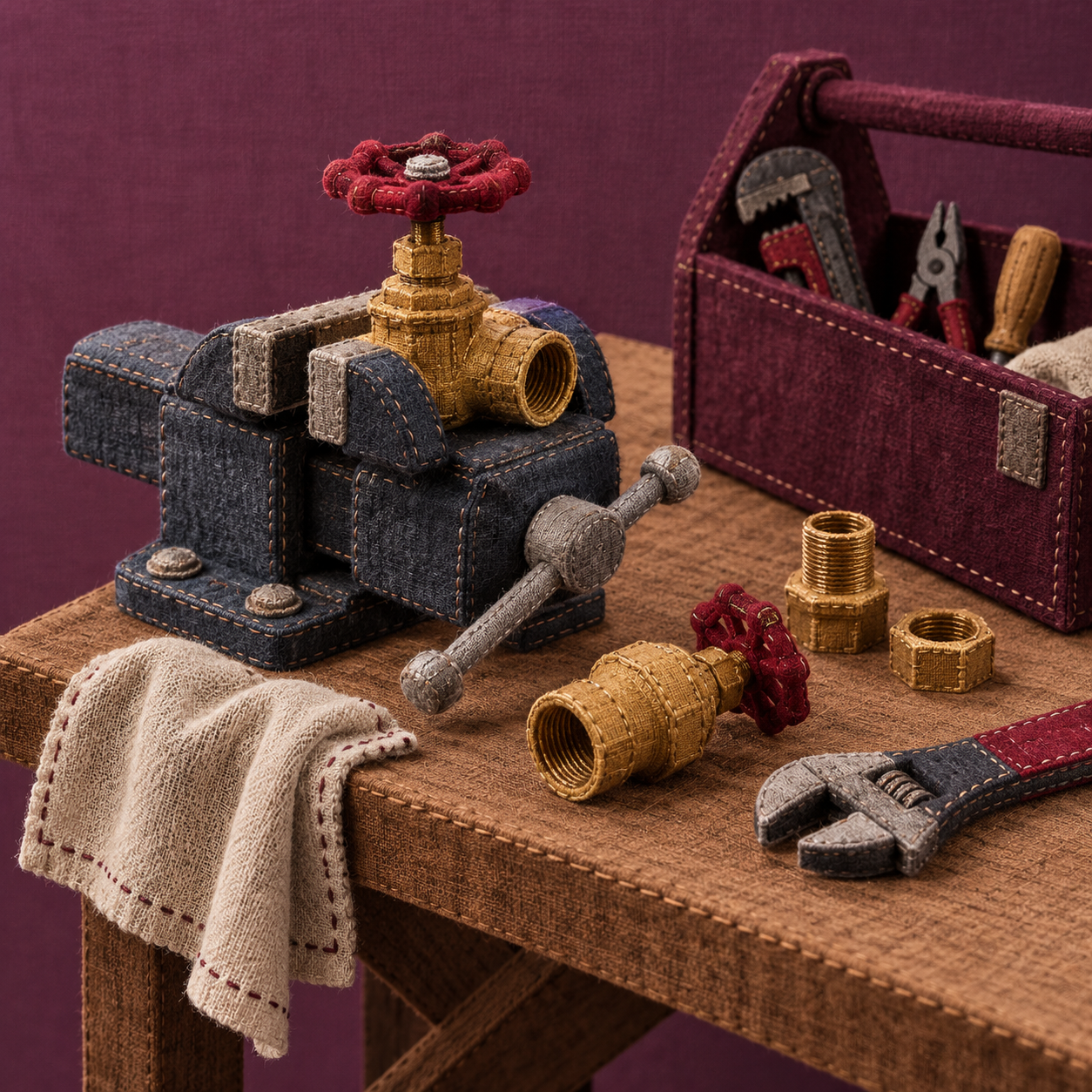 Illustration of plumbing service workshop: brass valves, a toolbox, a bench vise